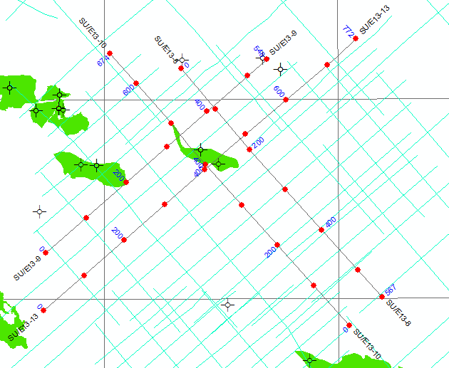 Seismap 2D seismic basemap showing line and shotpoint labelling